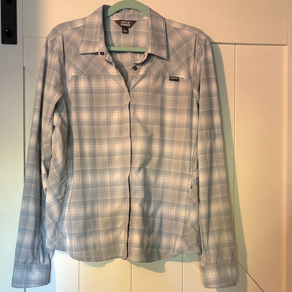 Orvis Pro Womens Blue Plaid Snap Down Shirt with Zippered Side Pockets Size L - Picture 2 of 13